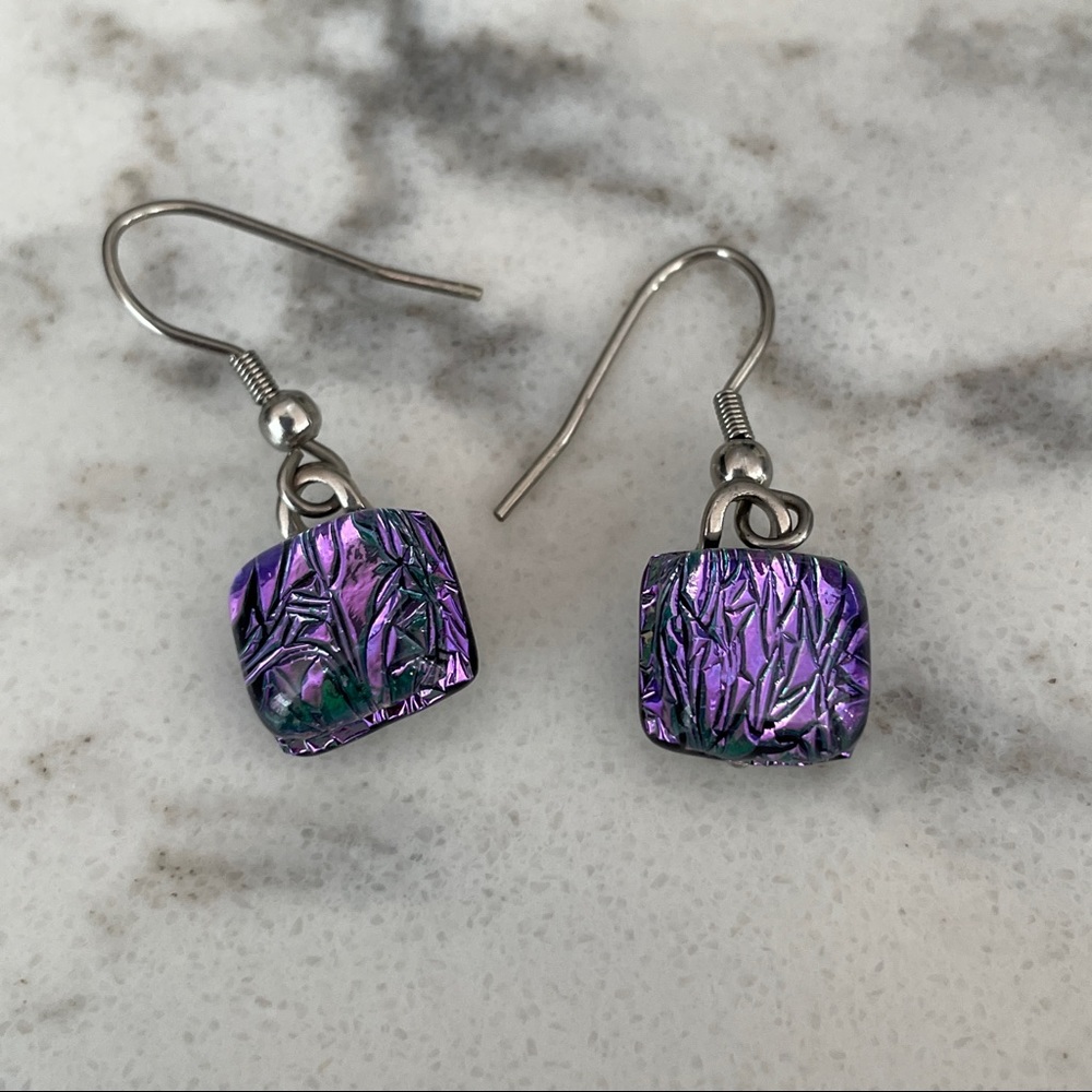 Purple dichroic glass & stainless steel earrings handmade by Elements of Bonaire